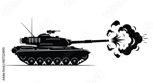 A powerful tank firing its cannon in a dynamic action scene black silhouette