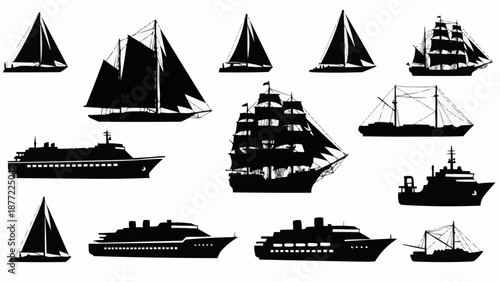 Collection of Silhouetted Sailboats and Ships on White Background.