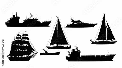 Collection of Silhouetted Ships and Boats on White Background.