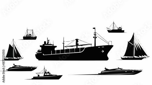 Collection of Silhouetted Ships and Boats on White Background.