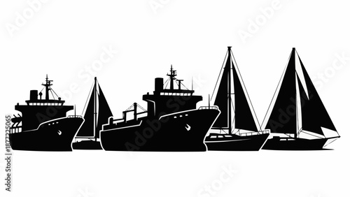 Collection of Silhouetted Ships and Sailboats on White Background.