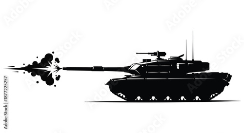 A dramatic black silhouette of a tank firing its cannon displaying power and military might silhouette
