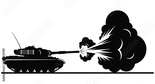 A black silhouette of a tank firing its cannon with a dramatic explosion silhouette