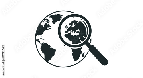A black silhouette of earth with a magnifying glass examining the continents a global study