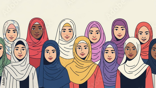 Diverse group of women wearing hijabs representing multiculturalism and female empowerment flat illustration for community and diversity concepts