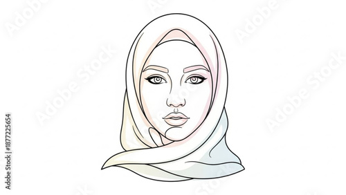 Illustration of a woman wearing a white hijab minimalist line art portrait for cultural representation and fashion concepts isolated on white