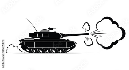 A dynamic representation of a tank firing its cannon shown in a striking silhouette