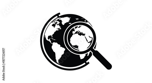 A striking black and white image depicts a globe being examined with a magnifying glass silhouette