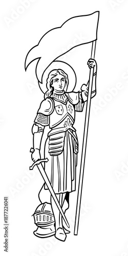 Line art illustration of Saint Joan of Arc in knight armor holding a banner and sword. Historical French warrior woman and religious icon in a minimalist sketch style.