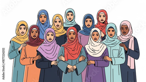 Diverse group of women wearing hijabs standing together in unity and solidarity representing empowerment and community isolated on white background