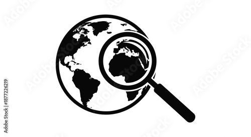 A black and white depiction of earth with a magnifying glass a bold silhouette