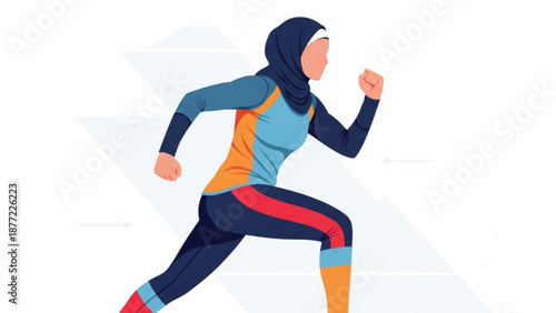 Muslim woman running in sportswear and hijab active lifestyle illustration for fitness and sports concepts isolated on white background