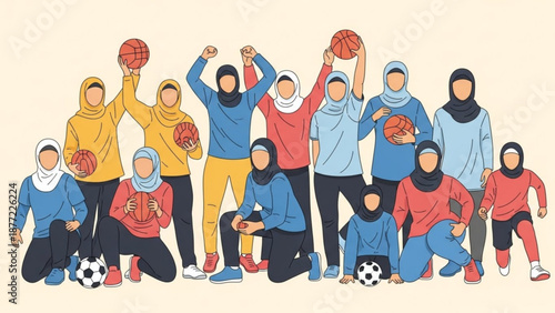 Diverse group of Muslim women and girls playing sports wearing hijabs and athletic wear celebrating teamwork and active lifestyle vector illustration for fitness and community