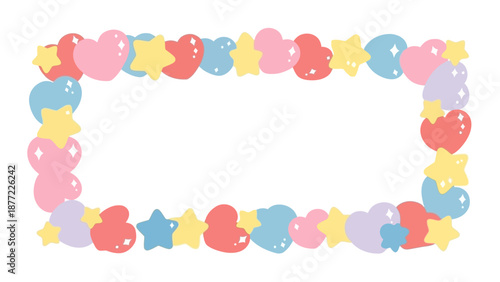 A colorful Kawaii-style border frame made of hearts, stars, and other cute shapes, set against a clean white background frame for a Valentine's Day or love-themed design element.