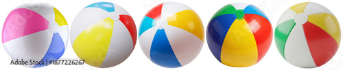 set of five vibrant, classic inflatable beach balls with various colorful striped patterns, isolated on a pure transparent background.