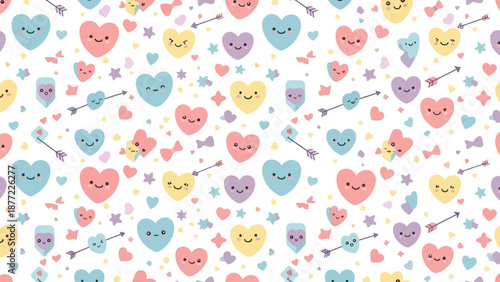 A colorful seamless pattern of cute kawaii hearts, smiling faces, stars, and arrows in pastel shades on a white background, conveying a playful Valentine's Day or love-themed design.