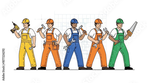 Five diverse construction workers or handymen standing in a line, each holding different tools, against a blueprint background.