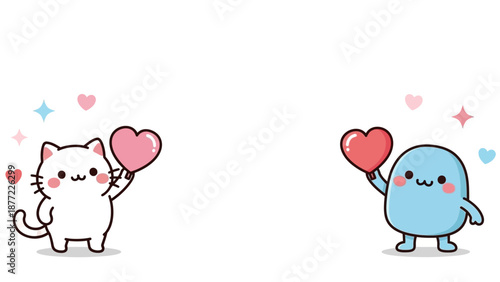 Kawaii cartoon characters, a white cat and blue creature, hold heart shapes in a cute Valentine's Day scene with pastel colors and sparkles against a clean white background.