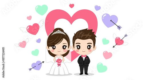 Kawaii cartoon illustration of a cute wedding couple standing together with colorful hearts, icons, and arrows on Valentine's Day, against a white background.