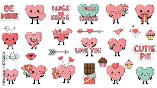 A collection of cute, kawaii Valentine's Day character icons and stickers featuring hearts, love phrases, and sweet treats on a clean white background.