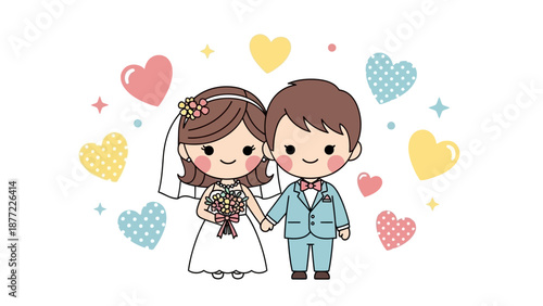 Kawaii cartoon illustration of a cheerful bride and groom surrounded by colorful hearts and stars on a white background, conveying a cute and loving Valentine's Day theme.