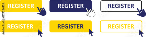 Modern Register Button Set with Hand Click Cursor and Mouse Pointer Icons for Web UI UX Design, Call to Action Interface Elements for Website Subscription and Signup.