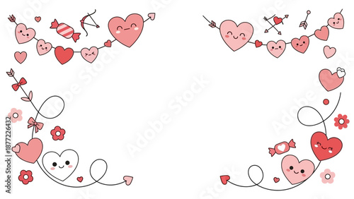 A cute, kawaii Valentine's Day-themed icon set featuring hearts, flowers, and arrows on a white background frame, conveying a sense of love and affection.