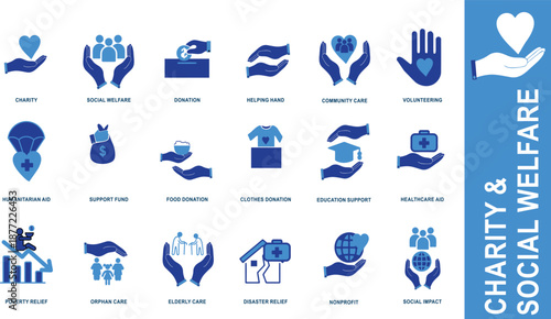 Charity and Social Welfare Icon Collection Featuring Hand Care, Donation, Community Support, and NGO Symbols for Non-Profit Organizations and Healthcare Campaigns.