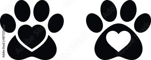 Animal paw print with heart symbol icons, pet love and veterinary care vector illustration. Cute dog or cat black silhouettes for pet lovers