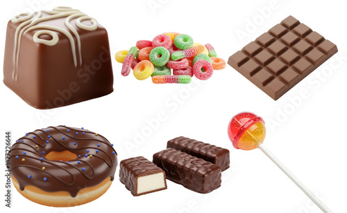 an appealing collection of diverse sweet confectionery, including rich chocolates, frosted donuts, gummy candies, and vibrant lollipops.