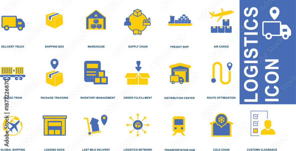 Fototapeta Comprehensive Logistics Icon Set with Blue and Yellow Flat Line Symbols for Global Supply Chain Management, Shipping, Delivery Trucks, Warehouse, and Freight Transport.