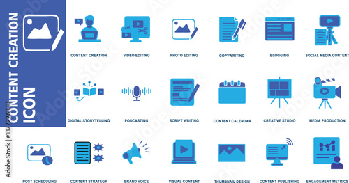 Digital Content Creation Icon Set with Blue Flat Line Symbols for Social Media Marketing, Video Production, Blogging, Podcasting, and Creative Strategy Graphics.