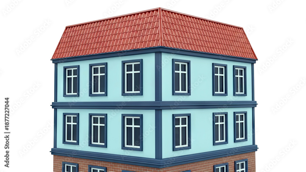 Fototapeta premium Stylized Light Blue Building with Red Roof