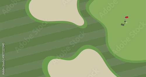 Golf course illustration viewed from above with green, fairway stripes, and sand bunkers. Minimal flat landscape showing hole flag and putting area. Sports background concept for golf tournaments, rec