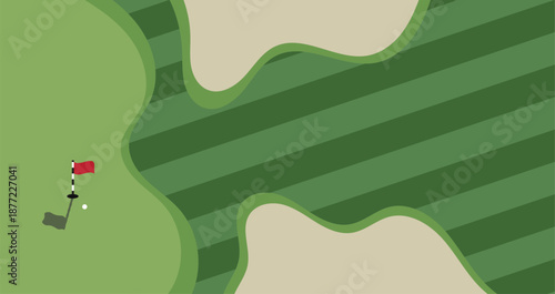 Golf course illustration viewed from above with green, fairway stripes, and sand bunkers. Minimal flat landscape showing hole flag and putting area. Sports background concept for golf tournaments, rec