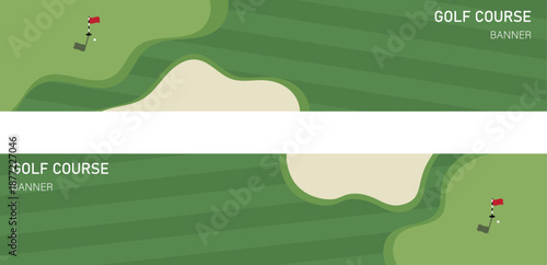 Golf course horizontal banner set with green fairway and sand bunker illustration. Flat top view landscape showing putting green and flag. Sports header design for golf events, tournaments, websites, 