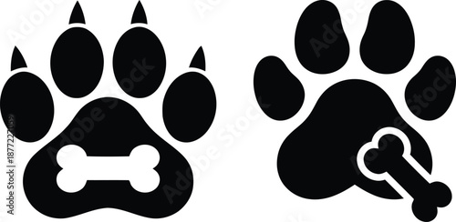Dog paw print with bone icons, pet food and animal care silhouette vector set. Cute black dog footprint silhouettes for pet designs.