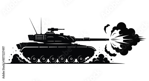 Powerful tank firing its cannon with dramatic smoke and dust a striking silhouette