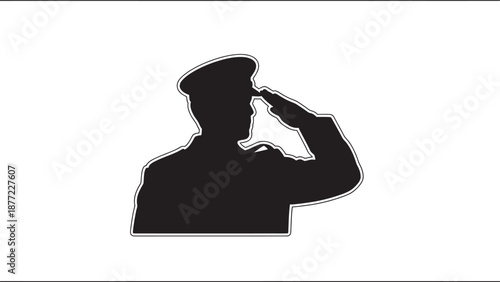 A striking black silhouette of a military officer saluting with respect and honor silhouette
