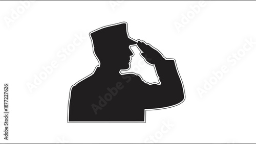 A striking black silhouette of a military officer saluting with respect and honor silhouette