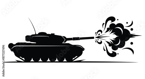 A black silhouette of a tank firing its cannon with a dramatic explosion silhouette