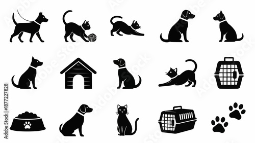 Collection of Silhouettes of Dogs and Cats with Accessories.