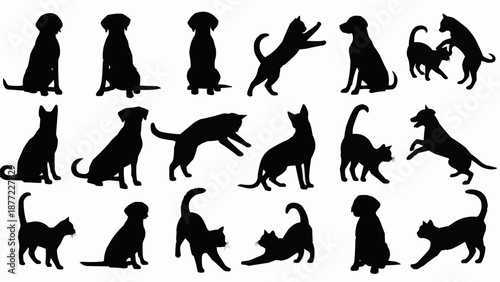 Collection of Silhouettes of Dogs and Cats in Various Poses.