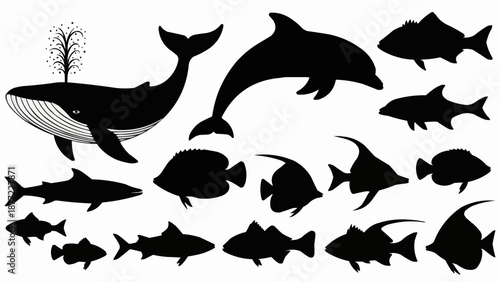 Collection of Silhouettes of Marine Animals and Fish.