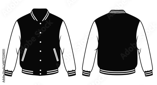 A detailed illustration of a classic black and white varsity jacket design silhouette