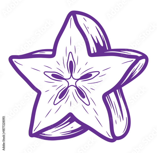 Starfruit illustration with purple outline on white background
