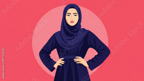 Confident Muslim woman wearing a dark blue hijab and abaya standing with hands on hips modern flat illustration for cultural representation and diversity concepts