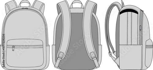 Backpack cad drawing flat vector illustration, front back side views, technical school bag design outline, minimal line art style