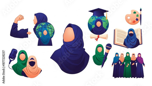 Collection of diverse Muslim women icons representing education empowerment and global connection ideal for web design and social media campaigns