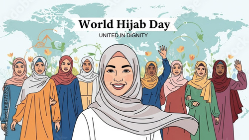 World Hijab Day illustration featuring diverse women in colorful hijabs celebrating unity and dignity with a global map background perfect for social media and awareness campaigns